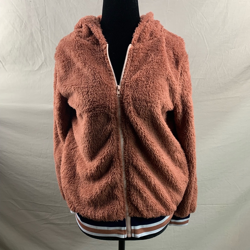 Striped Zip Up Hooded Teddy Jacket - Picture 6 of 7